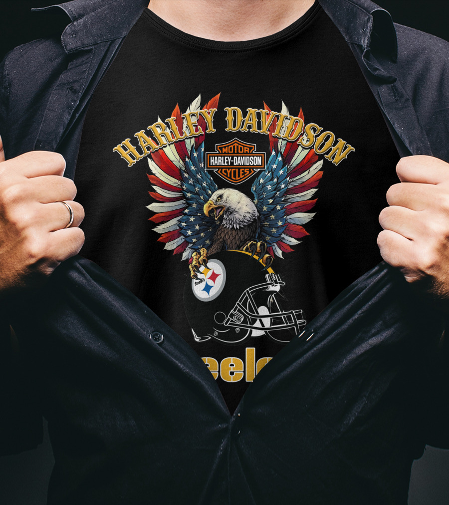 Harley Davidson Motor Cycles Steelers Eagle American Flag T-Shirt