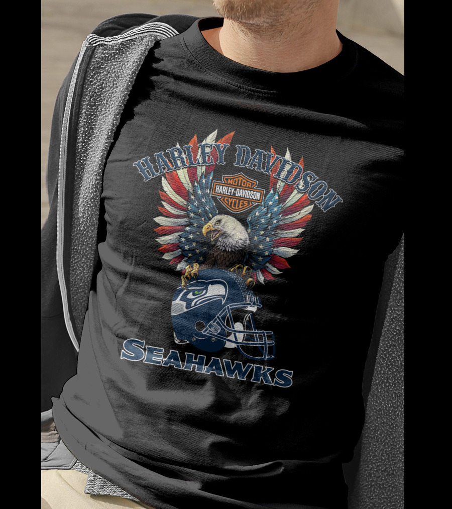 Harley Davidson Motor Cycles Seattle Seahawks Eagle Helmet T-Shirt