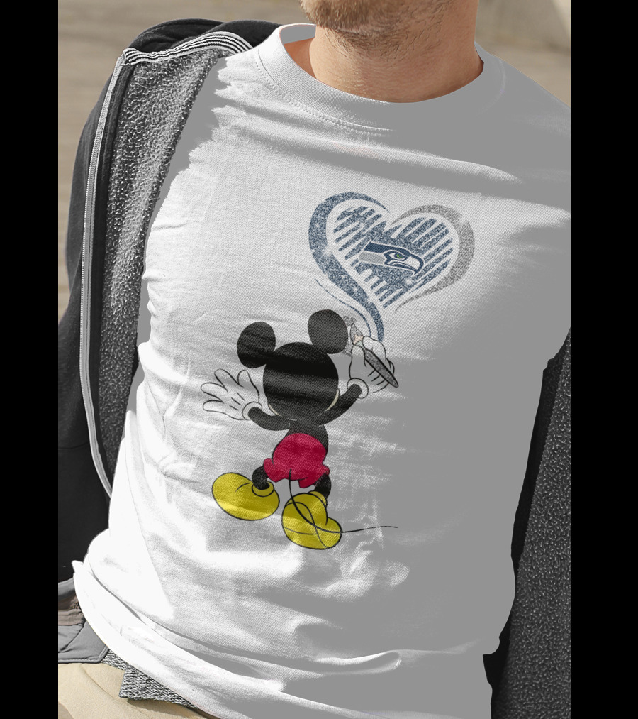 Mickey Mouse Drawing Seattle Seahawks Heart T-Shirt
