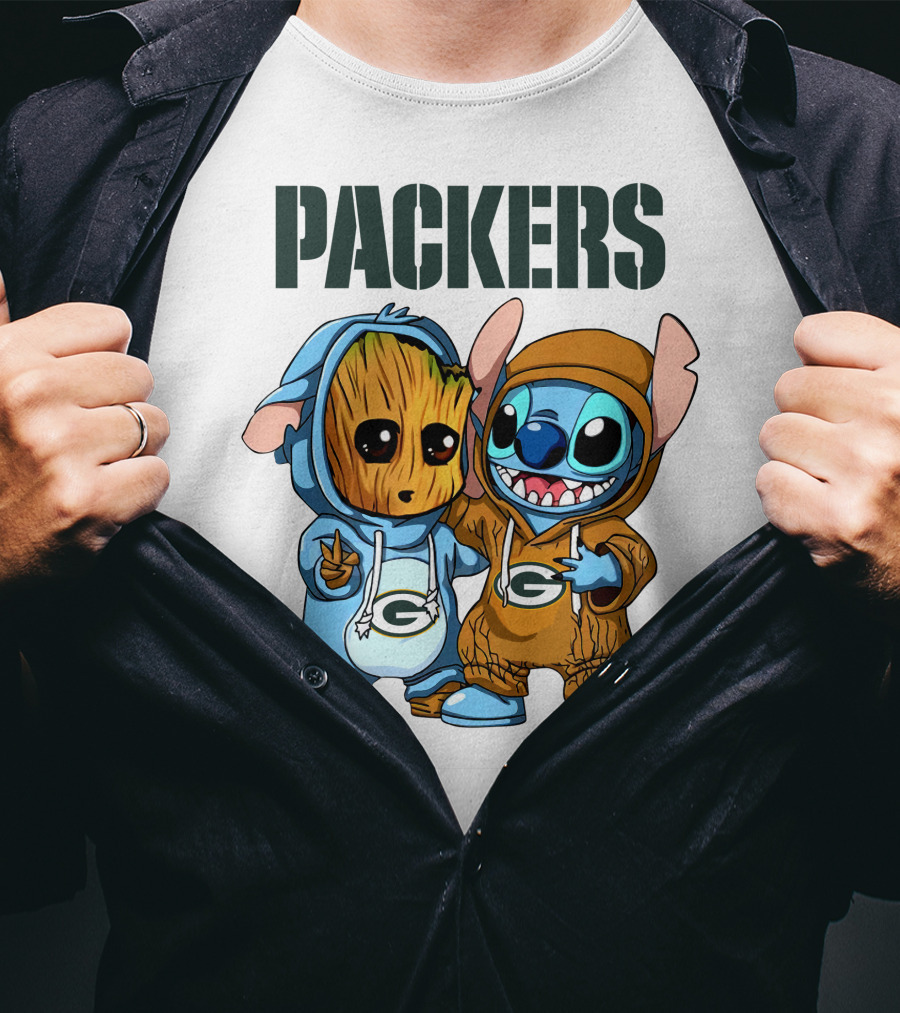 Packers Groot And Stitch Hug Wearing Green Bay Packers Hoodies T-Shirt