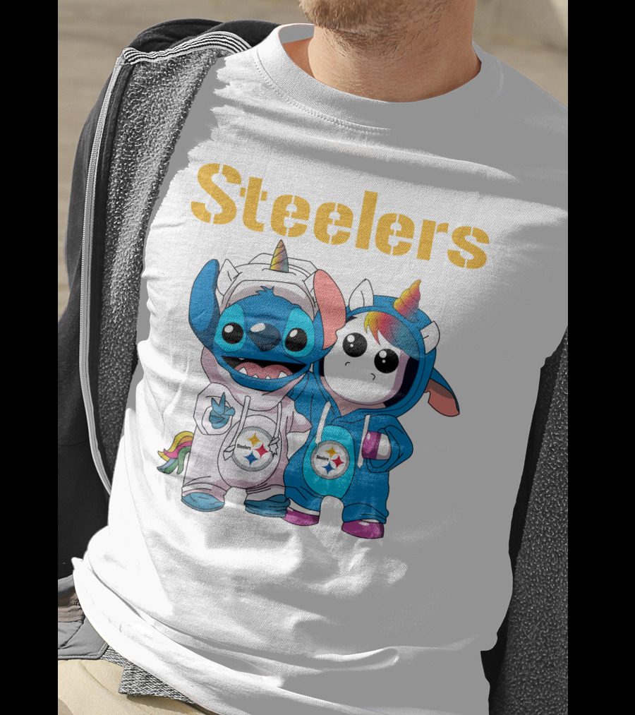 Steelers Stitch And Unicorn Duo With Rainbow Horns T-Shirt