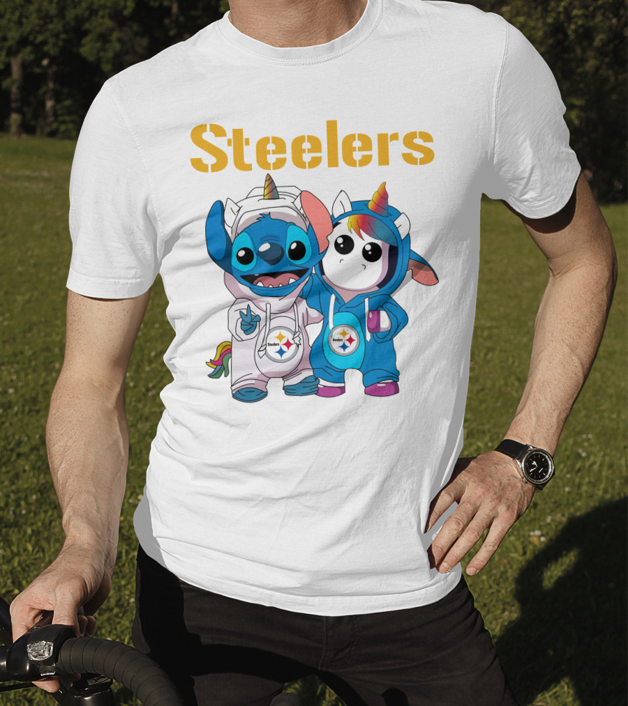 Steelers Stitch And Unicorn Duo With Rainbow Horns T-Shirt