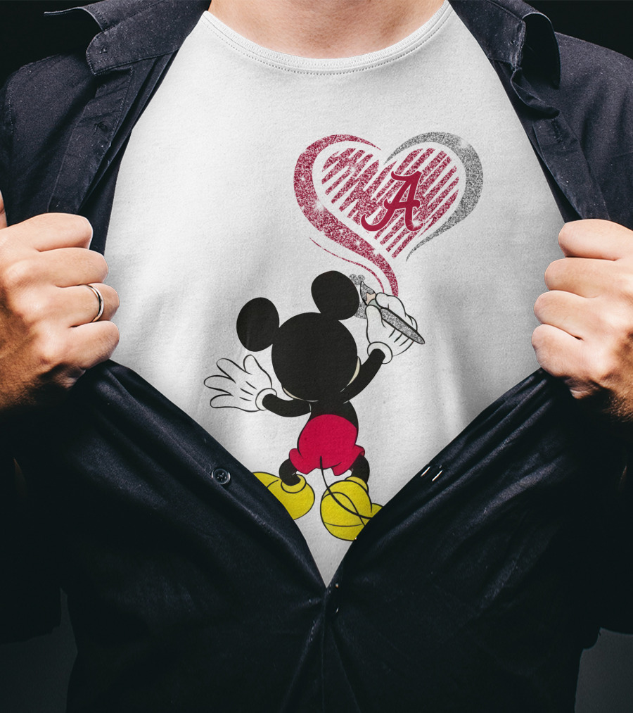 Mickey Mouse Drawing Alabama Crimson Tide Heart T-Shirt
