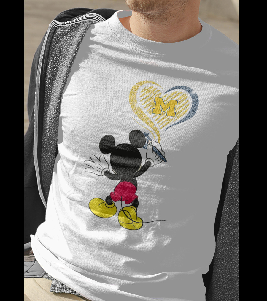 Michigan Wolverines M In Yellow And Blue Heart With Disney Mickey Character T-Shirt