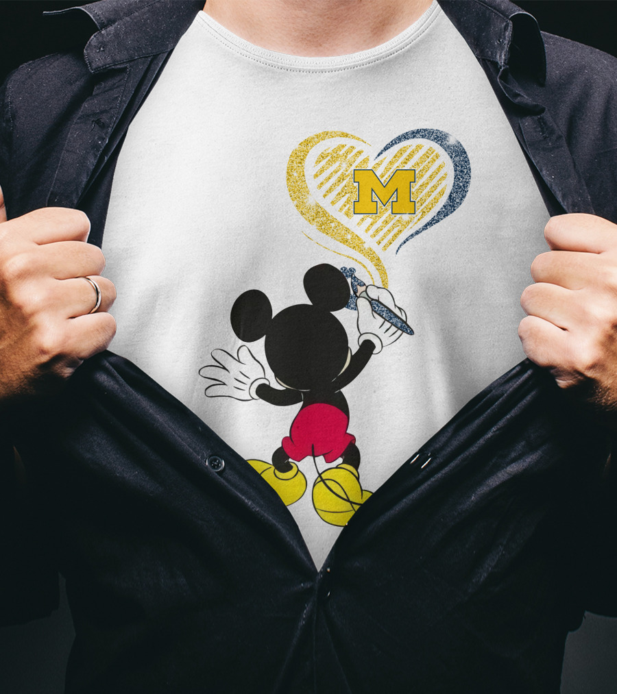 Michigan Wolverines M In Yellow And Blue Heart With Disney Mickey Character T-Shirt