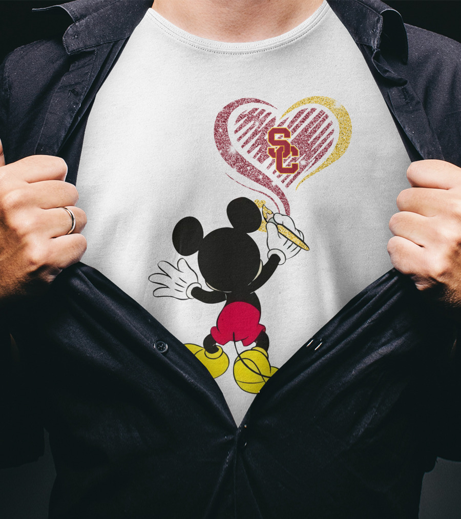Mickey Mouse Drawing Heart With Usc Trojans T-Shirt