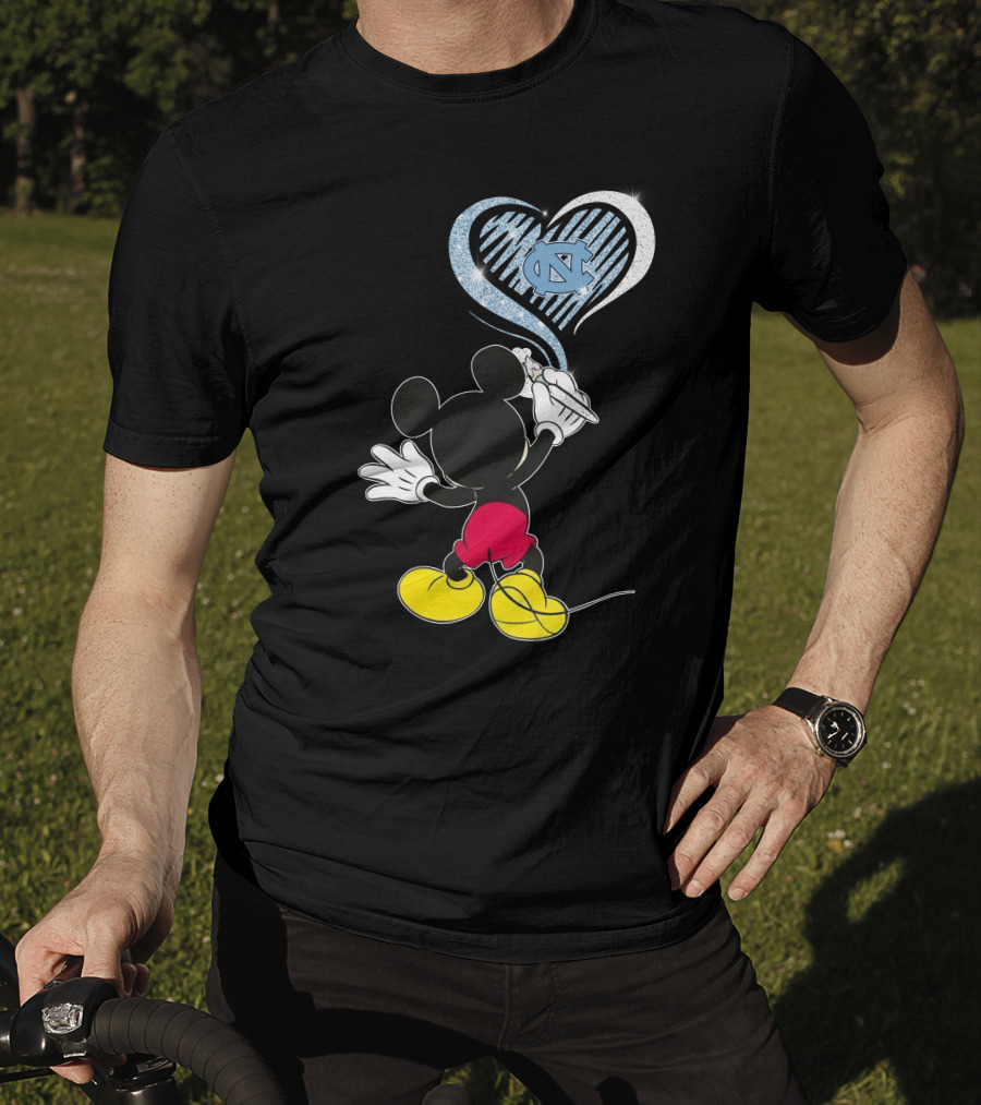 Mickey Mouse Drawing North Carolina Tar Heels In Heart Shape T-Shirt