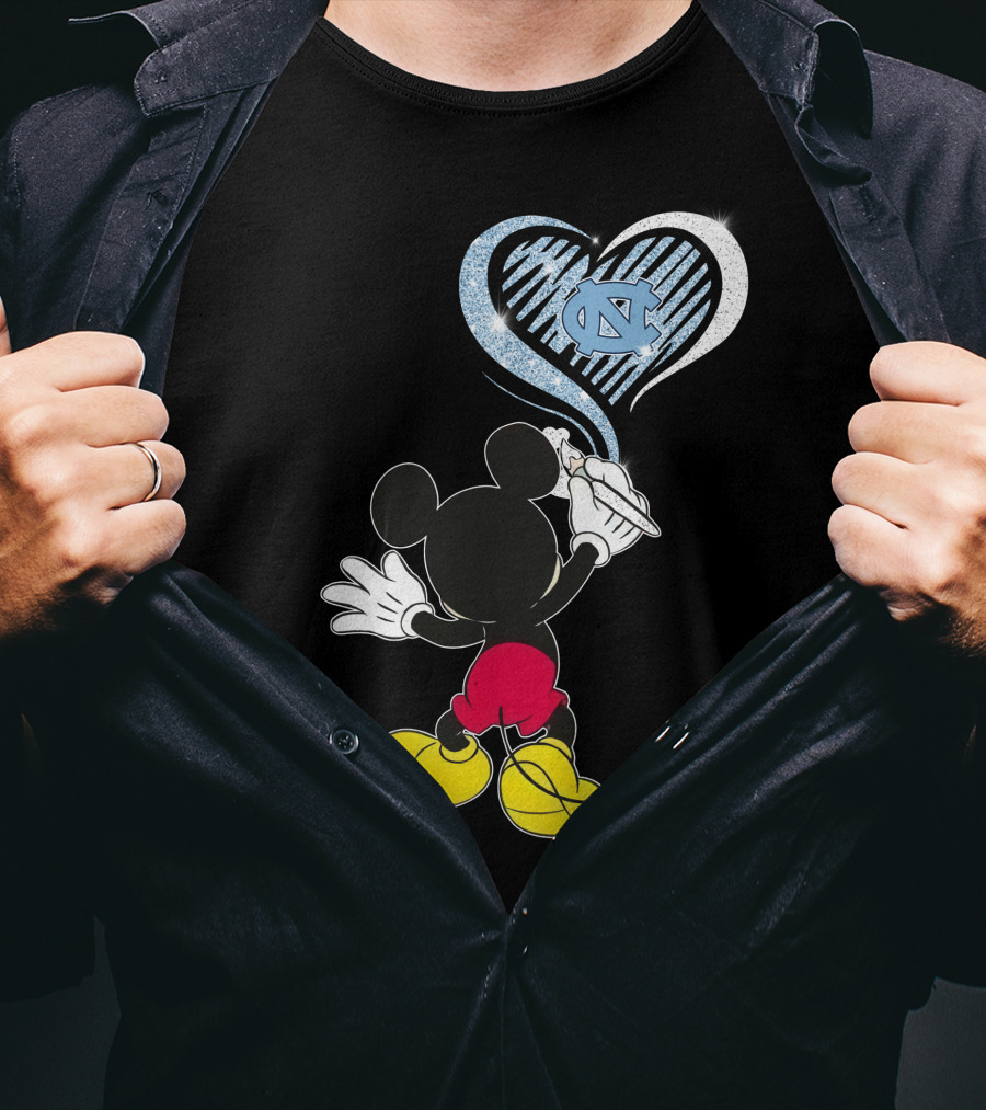 Mickey Mouse Drawing North Carolina Tar Heels In Heart Shape T-Shirt