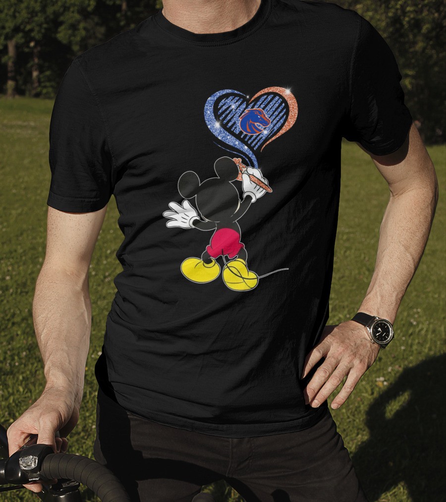 Mickey Painting Blue And Orange Heart Boise State Broncos T-Shirt