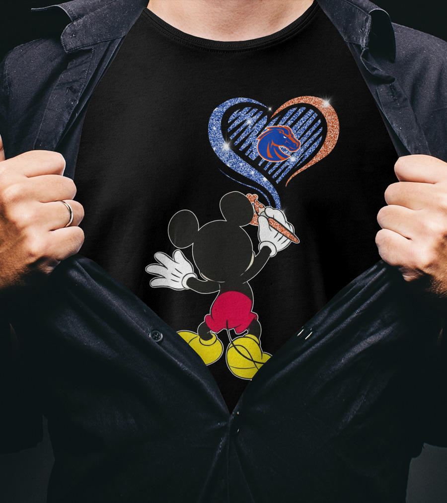 Mickey Painting Blue And Orange Heart Boise State Broncos T-Shirt