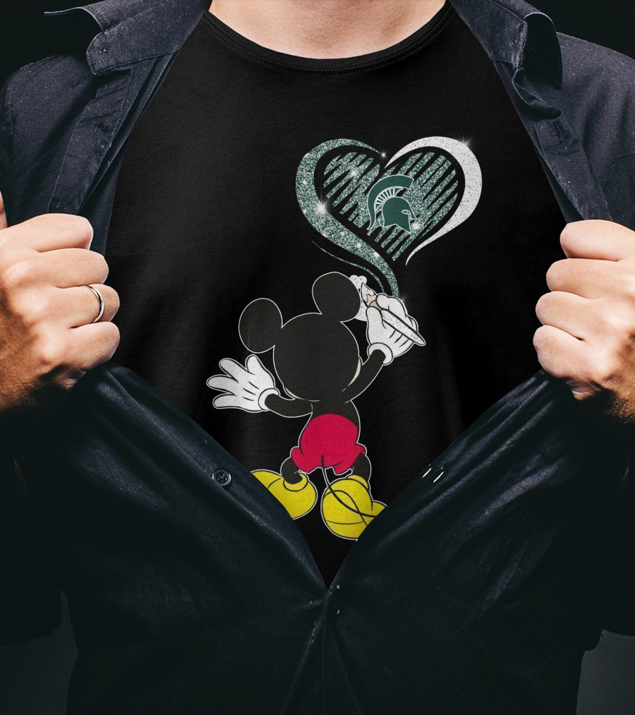 Mickey Mouse Drawing Heart Michigan State Spartans T-Shirt