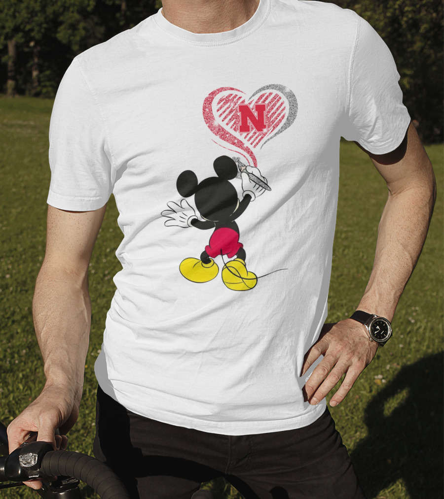 Mickey Mouse Nebraska Cornhuskers Heart Drawing T-Shirt