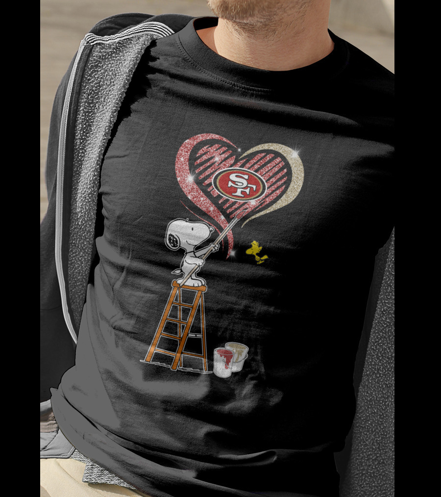 Snoopy Painting San Francisco 49ers Heart With Woodstock T-Shirt