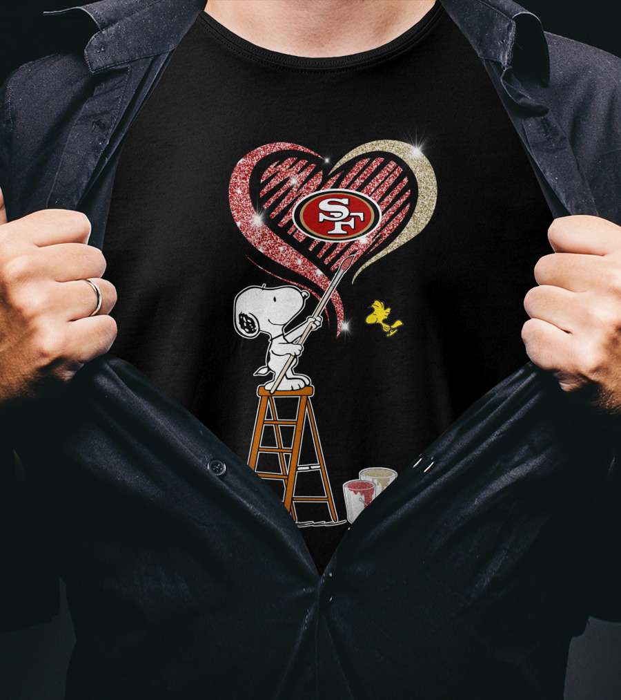 Snoopy Painting San Francisco 49ers Heart With Woodstock T-Shirt