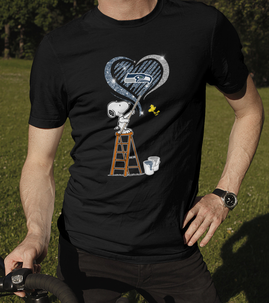 Snoopy Painting Seattle Seahawks Logo Heart With Woodstock T-Shirt