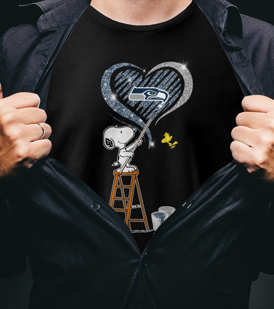 Snoopy Painting Seattle Seahawks Logo Heart With Woodstock T-Shirt