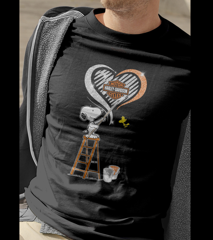 Snoopy Painting Harley Davidson Motorcycles Heart With Woodstock T-Shirt