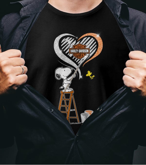 Snoopy Painting Harley Davidson Motorcycles Heart With Woodstock T-Shirt