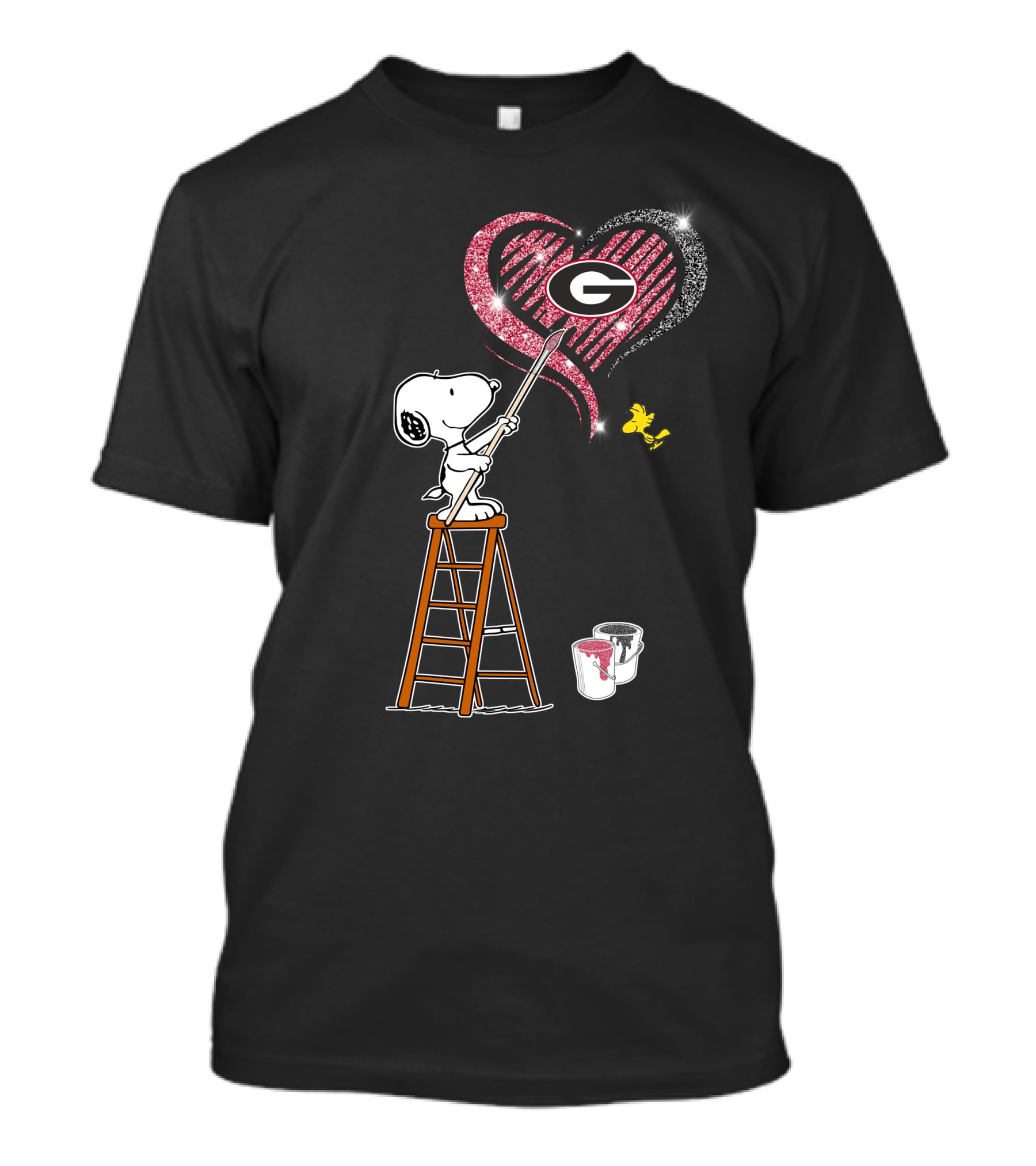 Snoopy Painting Georgia Bulldogs Heart With Woodstock On Ladder T-Shirt