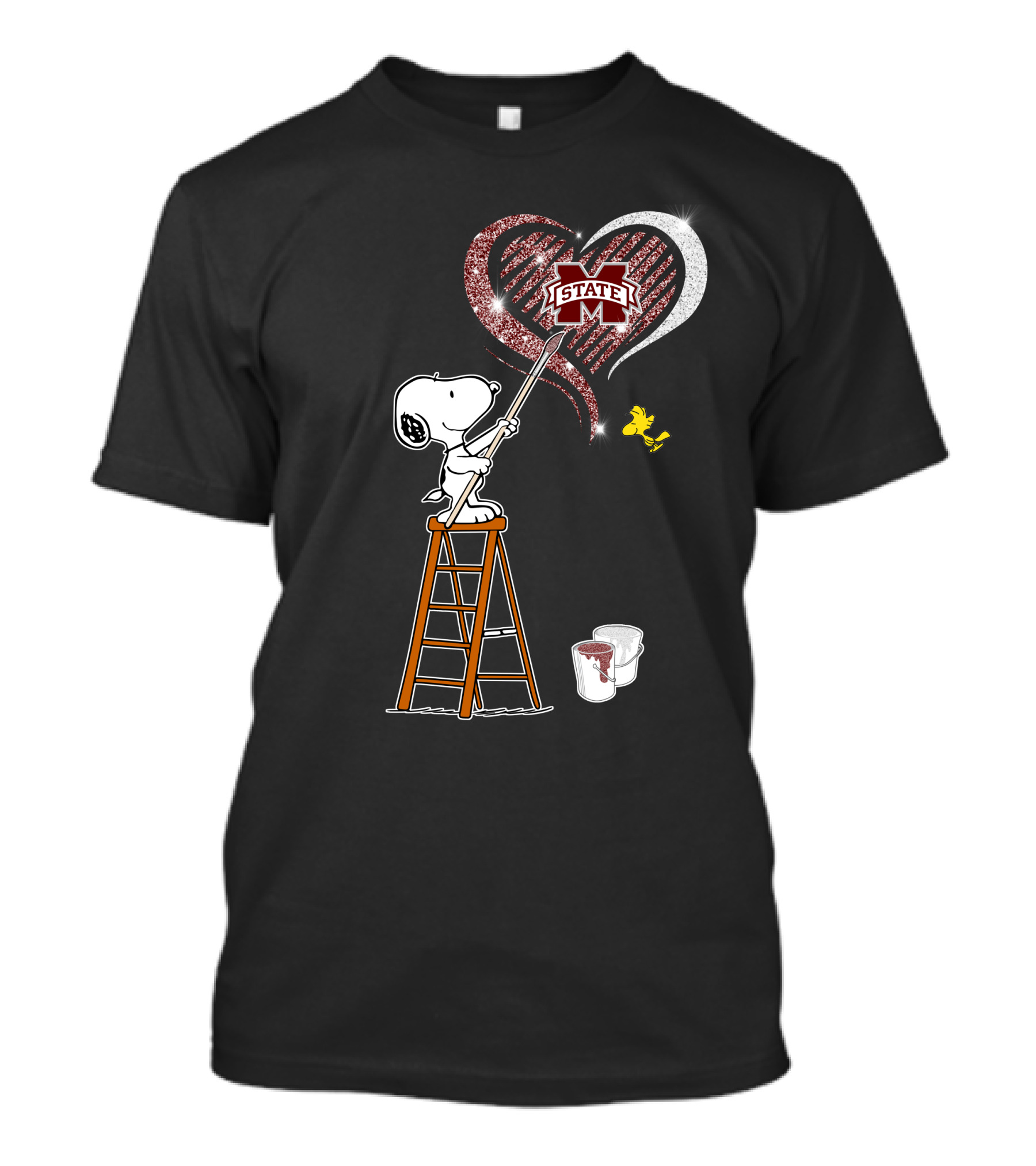 Snoopy Painting Mississippi State Heart With Woodstock T-Shirt