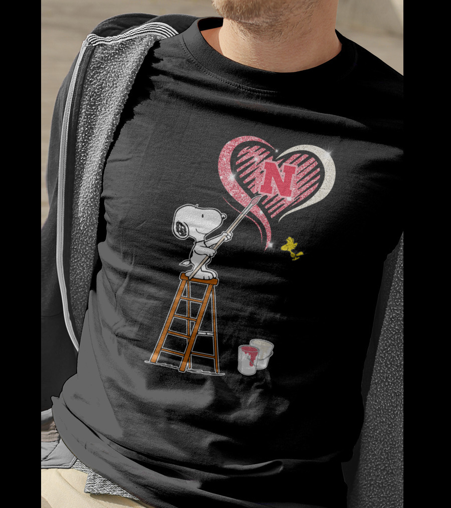 Snoopy Nebraska Huskers Heart Painting Woodstock Collaboration T-Shirt