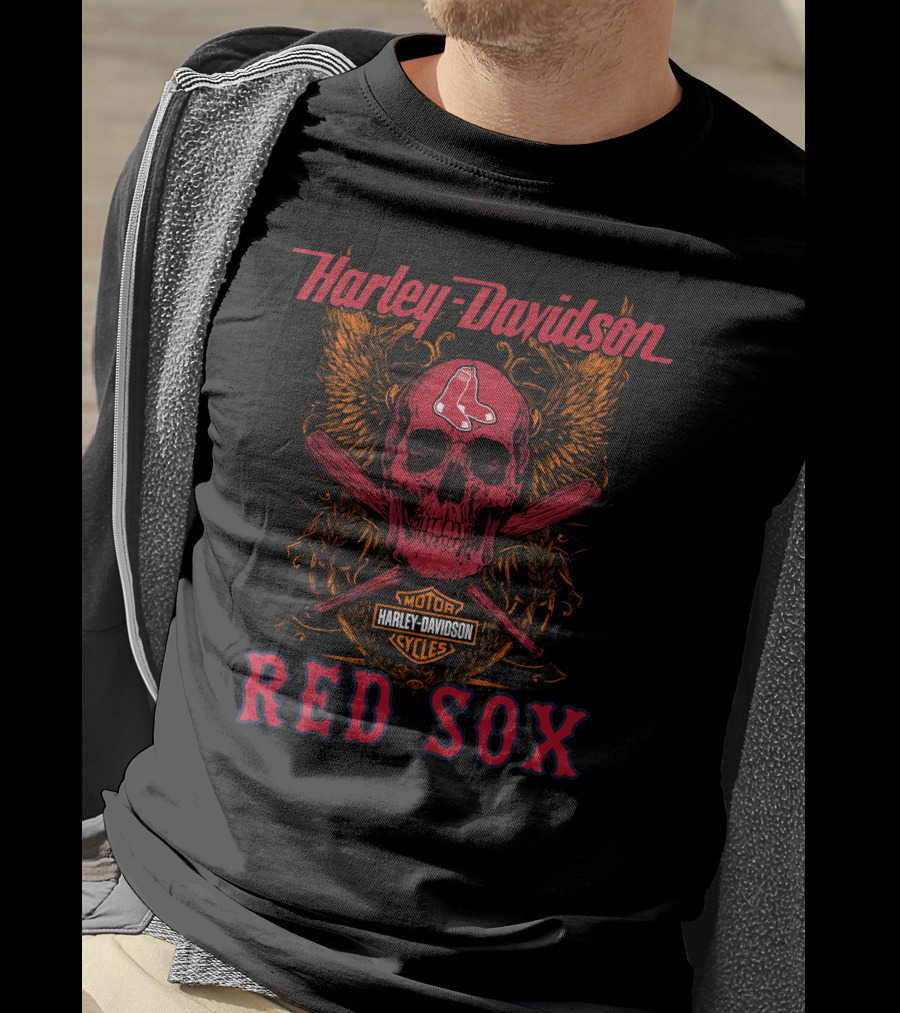 Harley Davidson Red Sox Skull Wings Motor Cycles T-Shirt