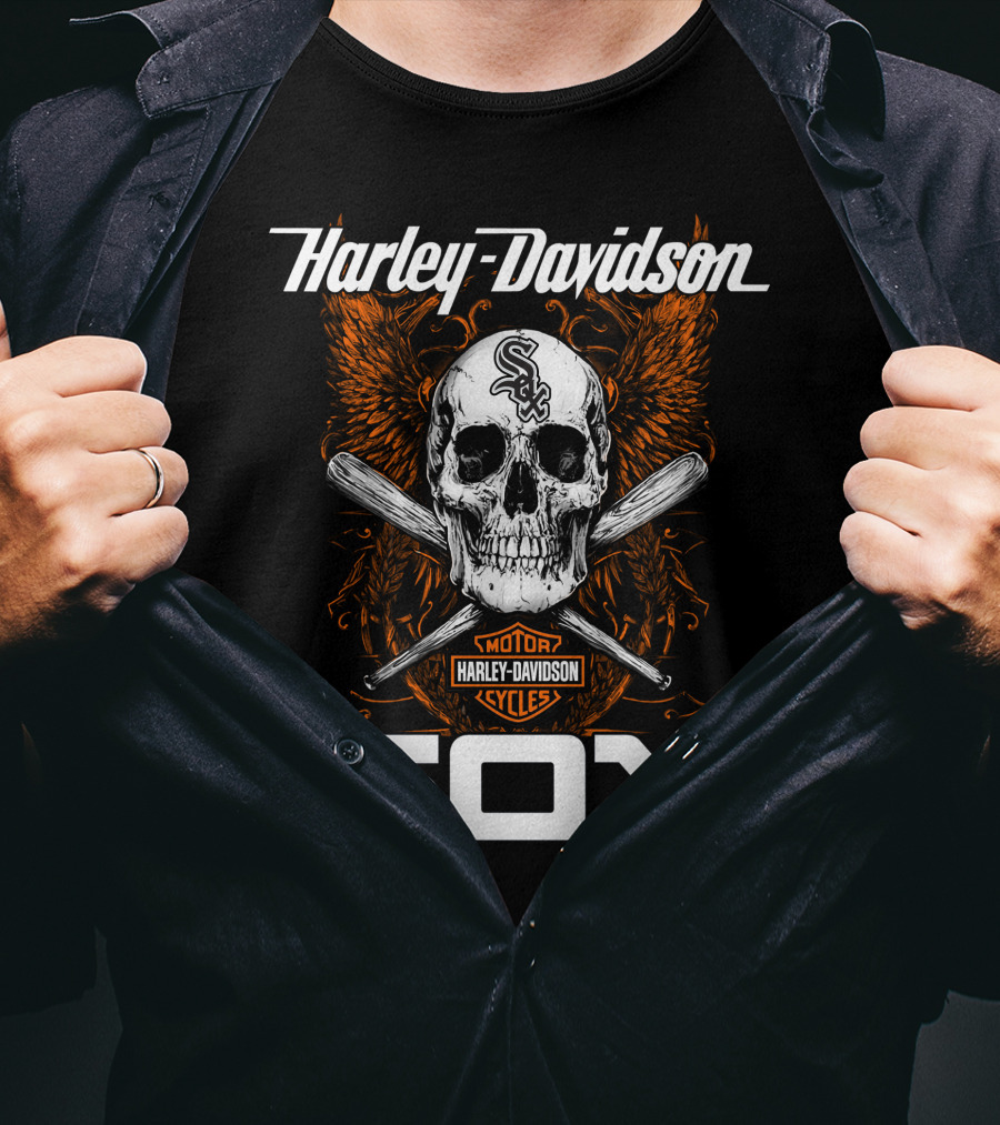 Harley Davidson Motor Cycles Chicago White Sox Skull And Crossed Bats T-Shirt