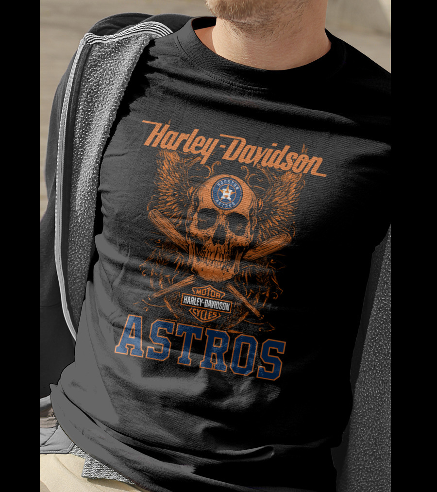 Harley Davidson Houston Astros Motor Cycles Skull Wings Crossed Bats T-Shirt