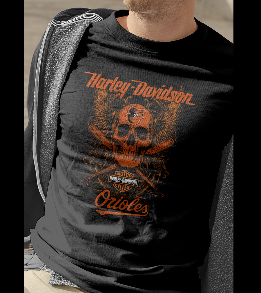 Harley Davidson Baltimore Orioles Skull Wings Motor Cycles T-Shirt