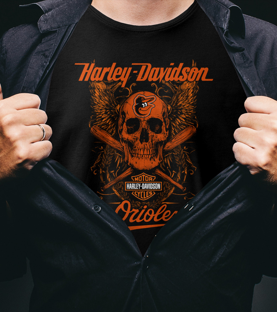 Harley Davidson Baltimore Orioles Skull Wings Motor Cycles T-Shirt