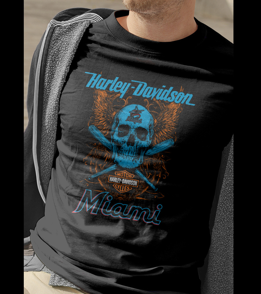 Harley Davidson Miami Skull With Bats And Marlins T-Shirt