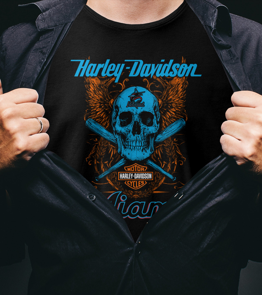 Harley Davidson Miami Skull With Bats And Marlins T-Shirt