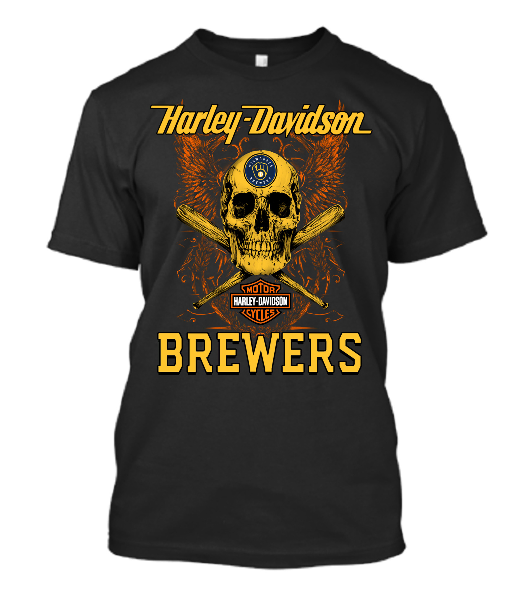 Harley Davidson Skull And Crossed Bats Milwaukee Brewers Motor Cycles T-Shirt