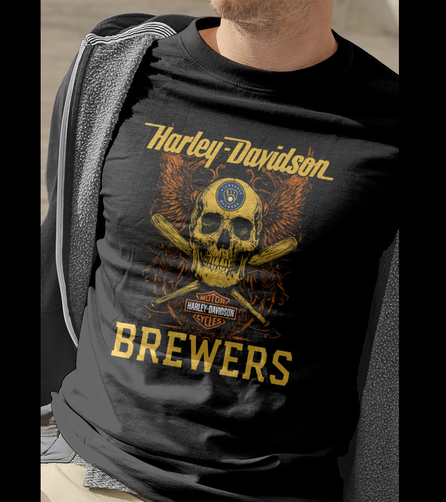 Harley Davidson Skull And Crossed Bats Milwaukee Brewers Motor Cycles T-Shirt