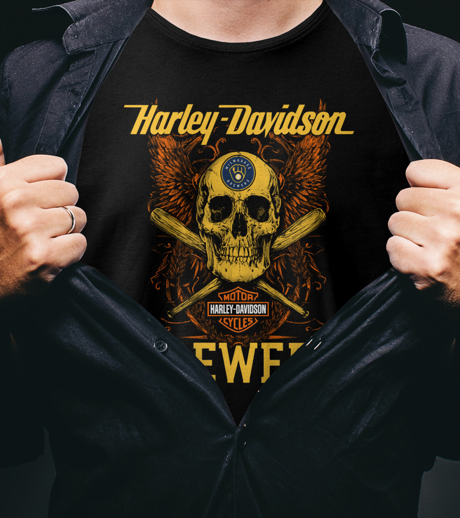 Harley Davidson Skull And Crossed Bats Milwaukee Brewers Motor Cycles T-Shirt