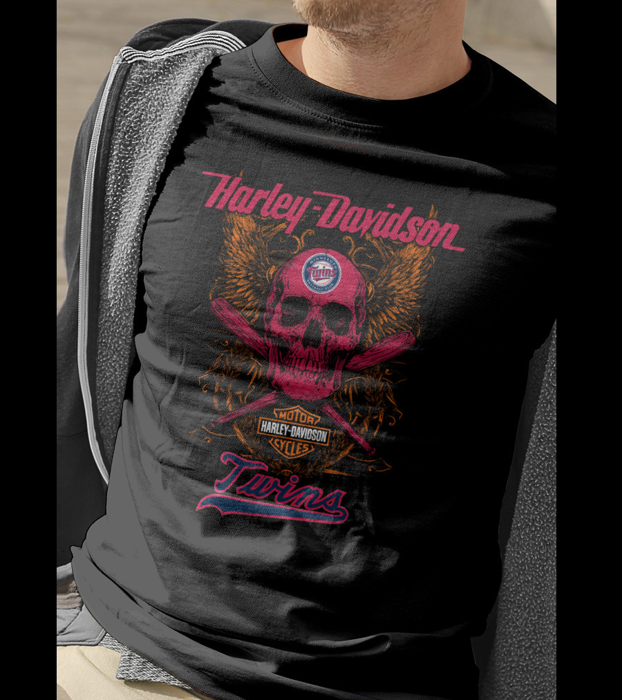 Harley Davidson Twins Skull With Minnesota Logo And Bats T-Shirt
