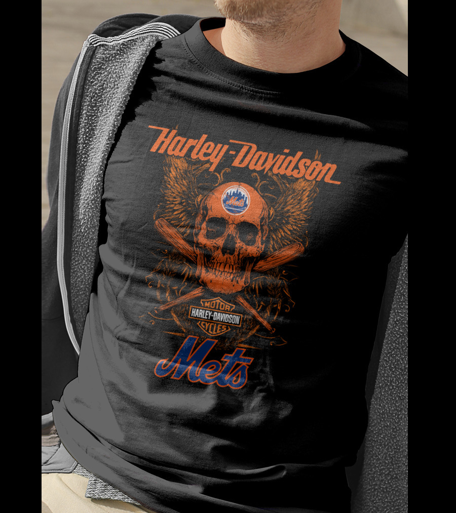 Harley Davidson New York Mets Motor Cycles Skull Wings Crossed Bats 18 T-Shirt
