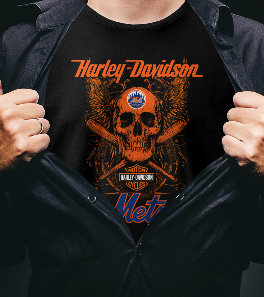 Harley Davidson New York Mets Motor Cycles Skull Wings Crossed Bats 18 T-Shirt