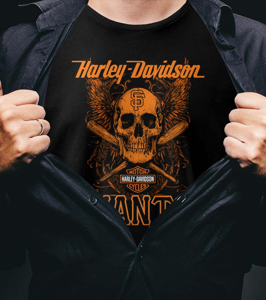 Harley Davidson San Francisco Giants Skull Wings Crossed Bats T-Shirt