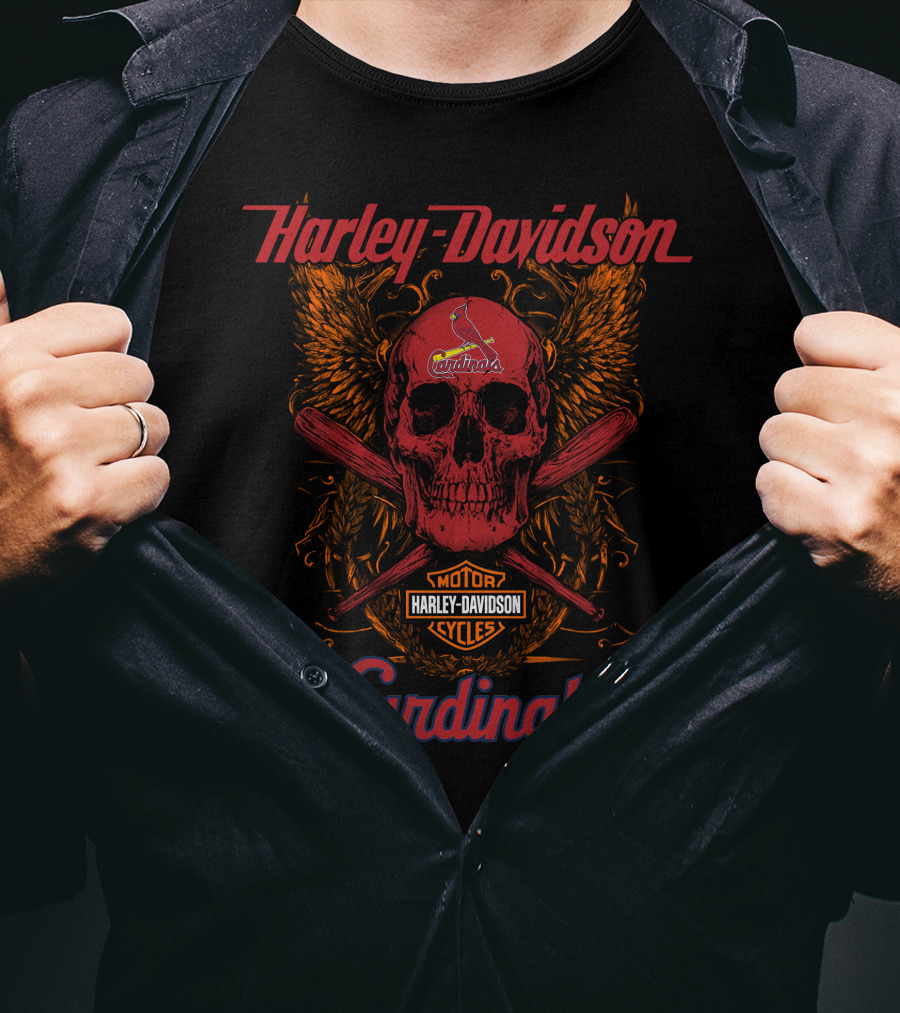 Harley Davidson Motor Cycles Skull Crossed Bats St Louis Cardinals T-Shirt