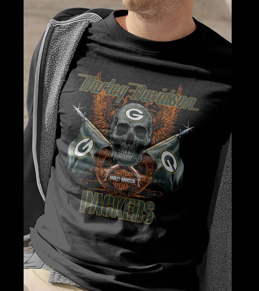 Harley Davidson Packers Skull Flags Green Bay T-Shirt