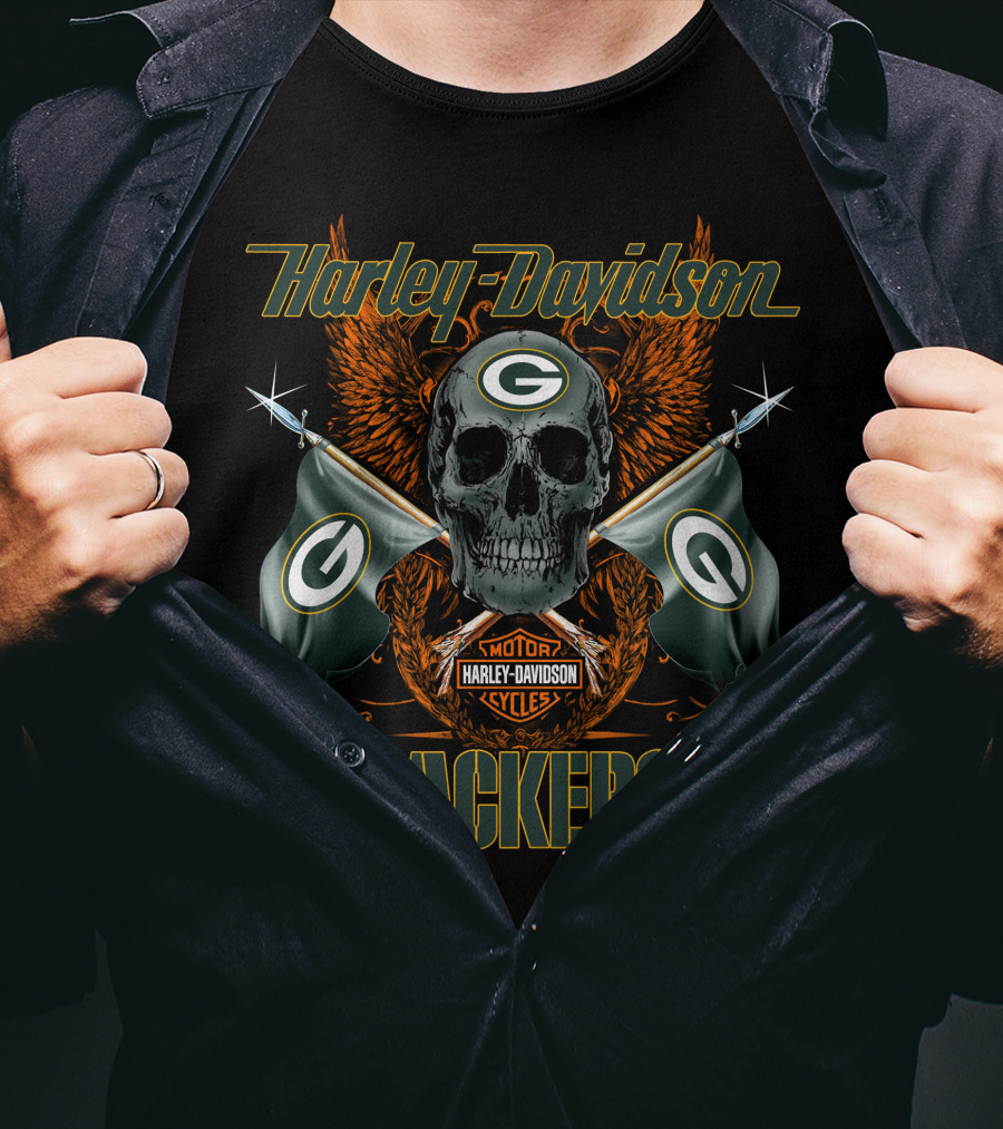 Harley Davidson Packers Skull Flags Green Bay T-Shirt