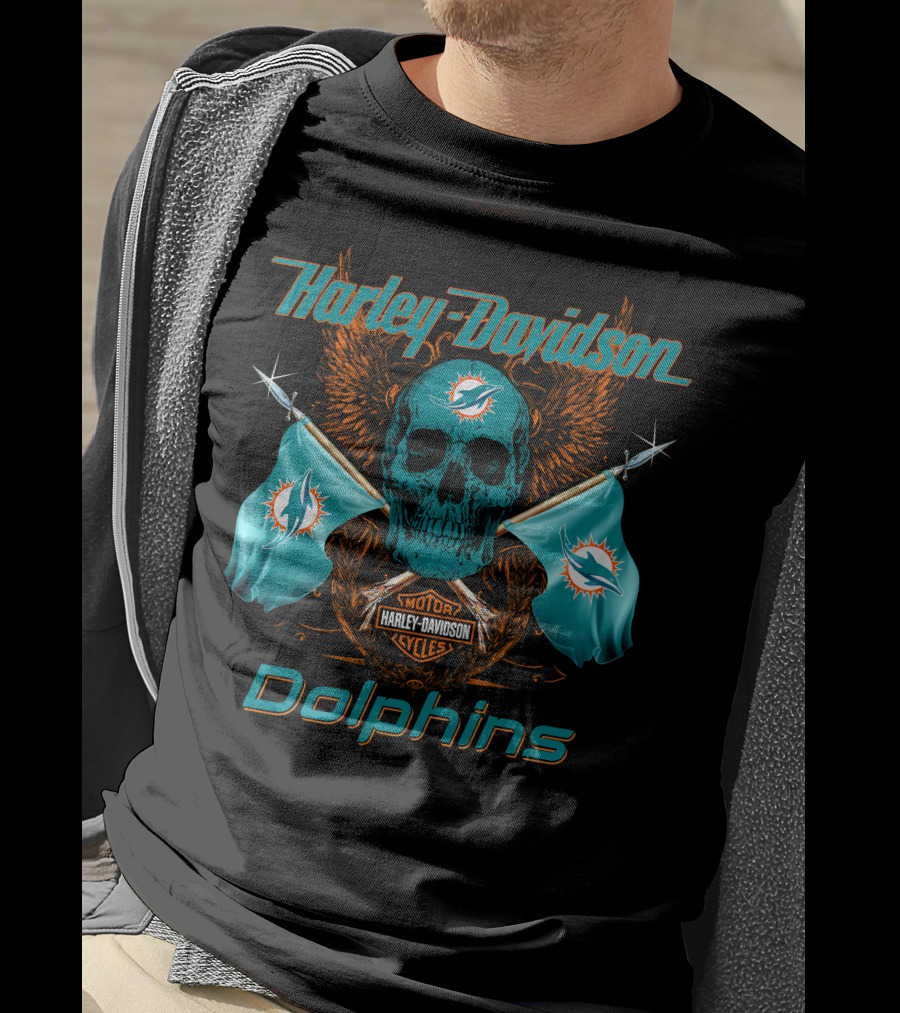 Harley Davidson Dolphins Skull Motor Cycles Flag T-Shirt