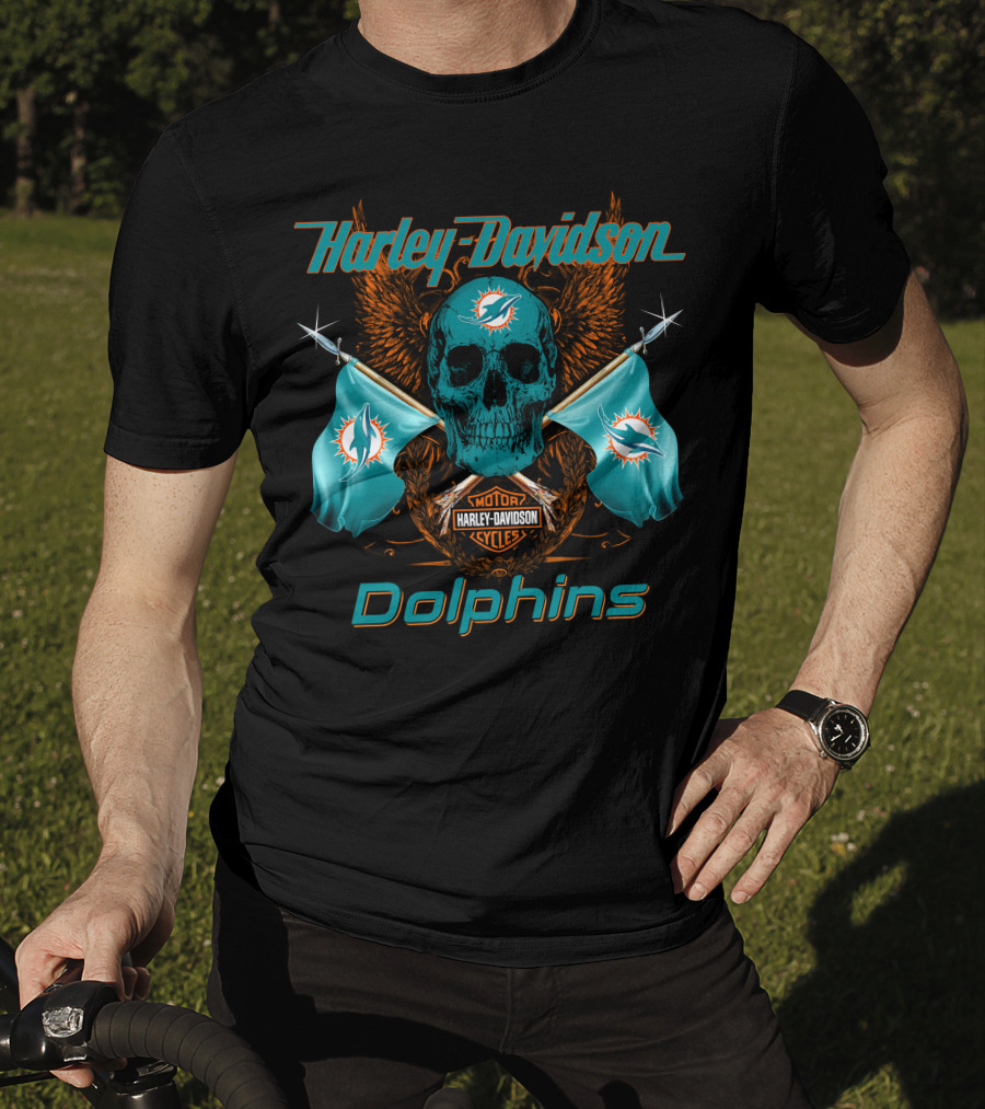 Harley Davidson Dolphins Skull Motor Cycles Flag T-Shirt