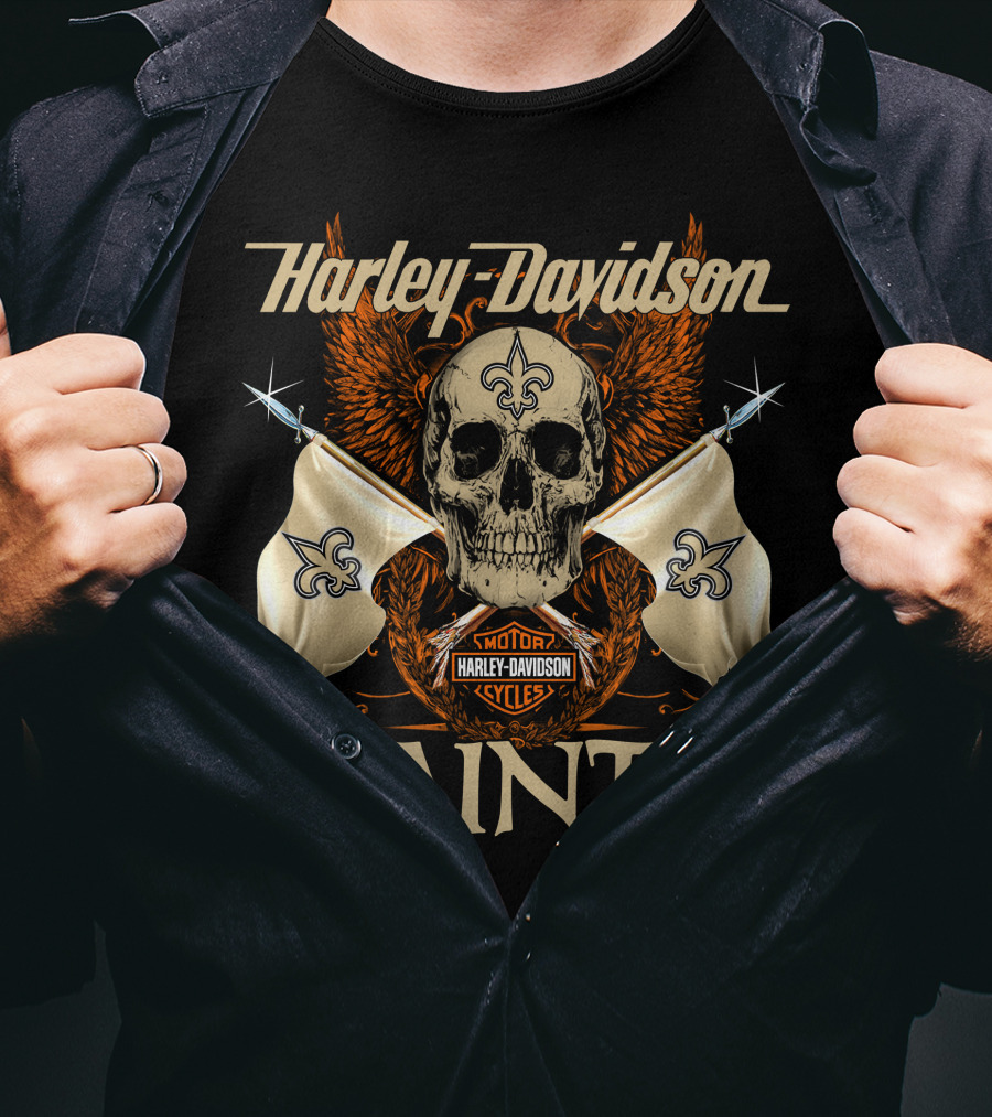 Harley Davidson Saints Skull With Fleur-De-Lis Flags And Wings T-Shirt
