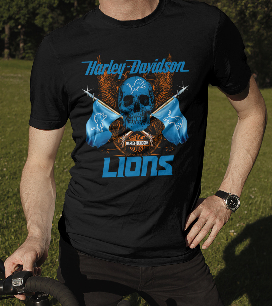 Harley Davidson Lions Skull Motor Cycles Flags T-Shirt