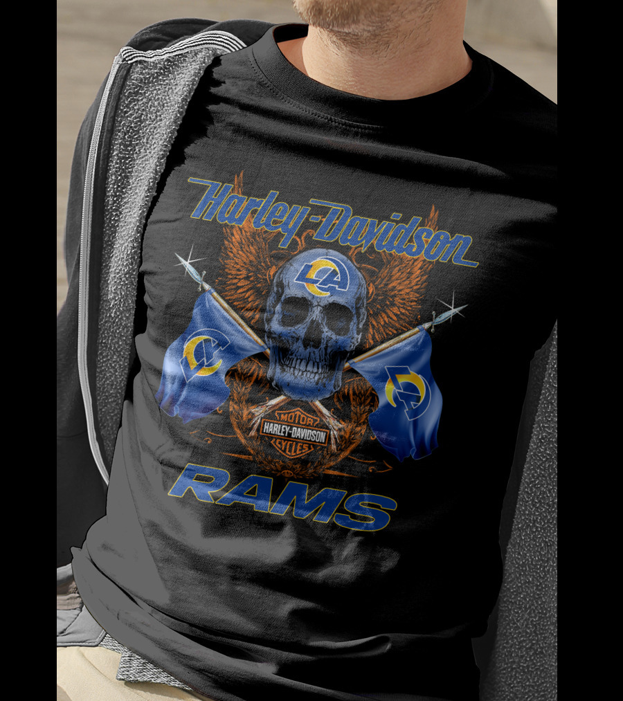 Harley Davidson Los Angeles Rams Motorcycle Cycles Skull Flags T-Shirt