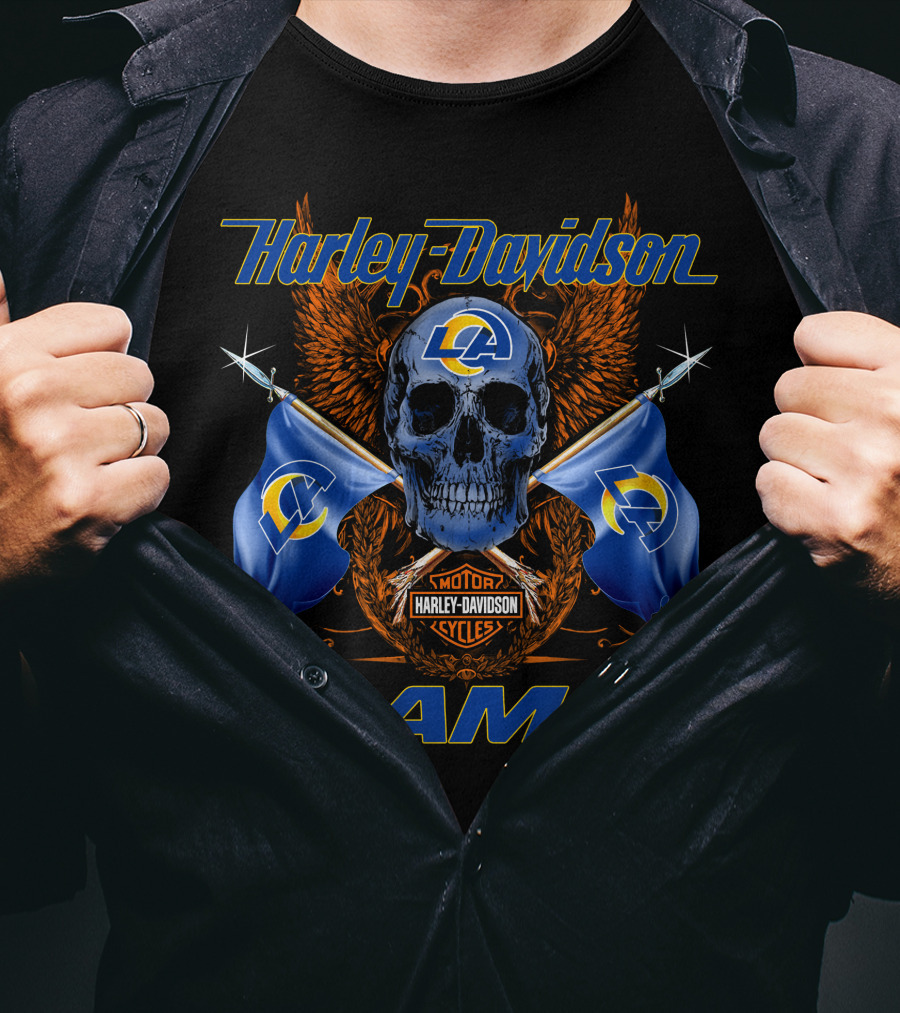 Harley Davidson Los Angeles Rams Motorcycle Cycles Skull Flags T-Shirt