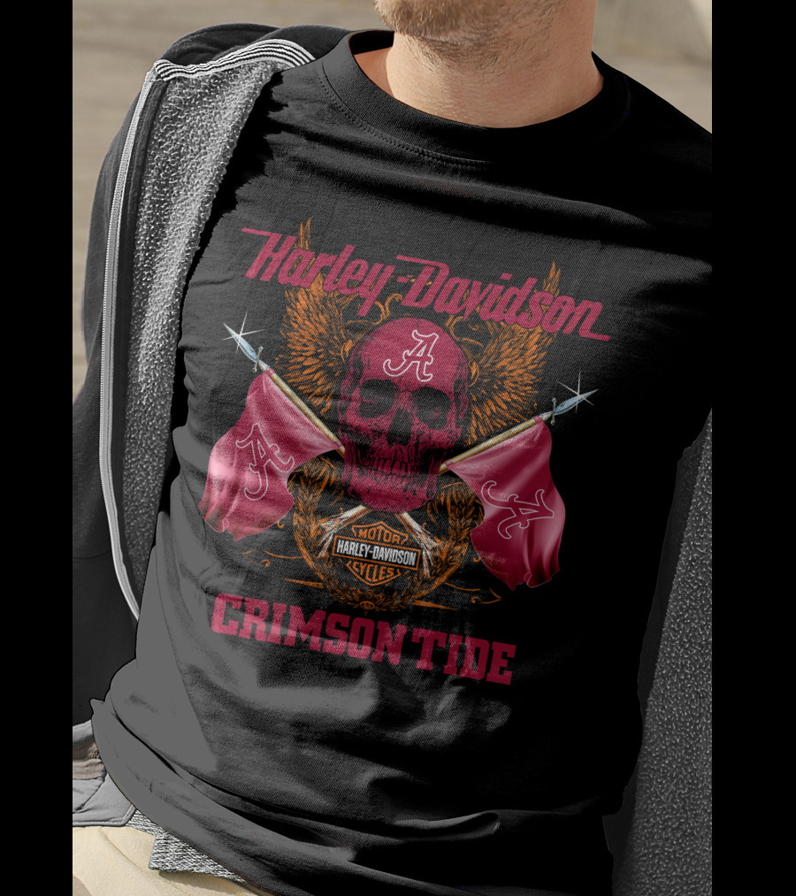 Crimson Tide Harley Davidson Skull And Flags T-Shirt