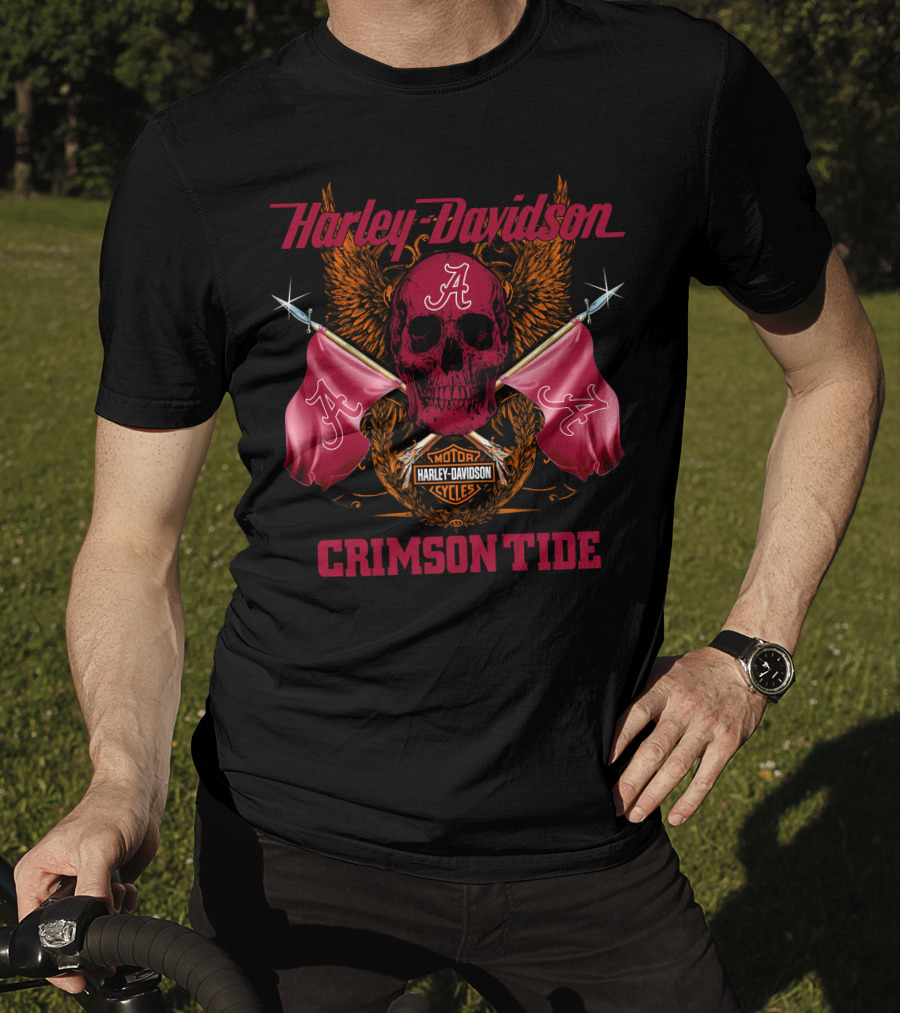 Crimson Tide Harley Davidson Skull And Flags T-Shirt